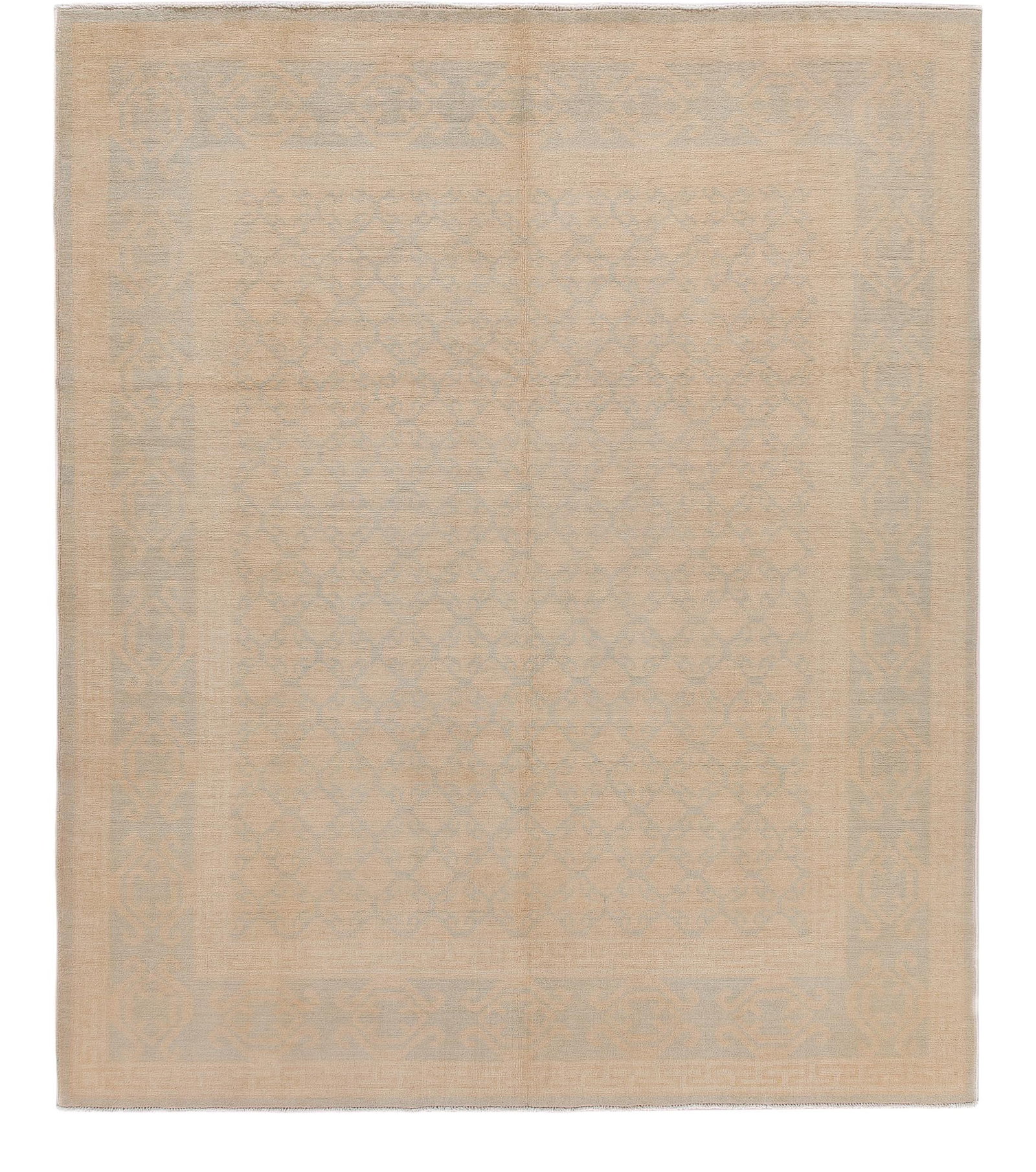 Handmade Modern Khotan Style Wool Rug Tan Blue Geometric 8'1" x 9'7": Handmade Modern Khotan Style Wool Rug Tan Blue Geometric 8'1" x 9'7" Enhance your space with this stunning modern Khotan-style, hand-knotted wool rug featuring a tan field and a beautiful blue frame.