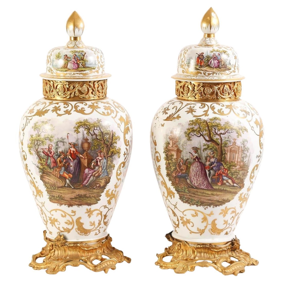 Set of 2 French Louis XV Gilt Bronze Mounted Porcelain Vases c1900 (1 of 9)