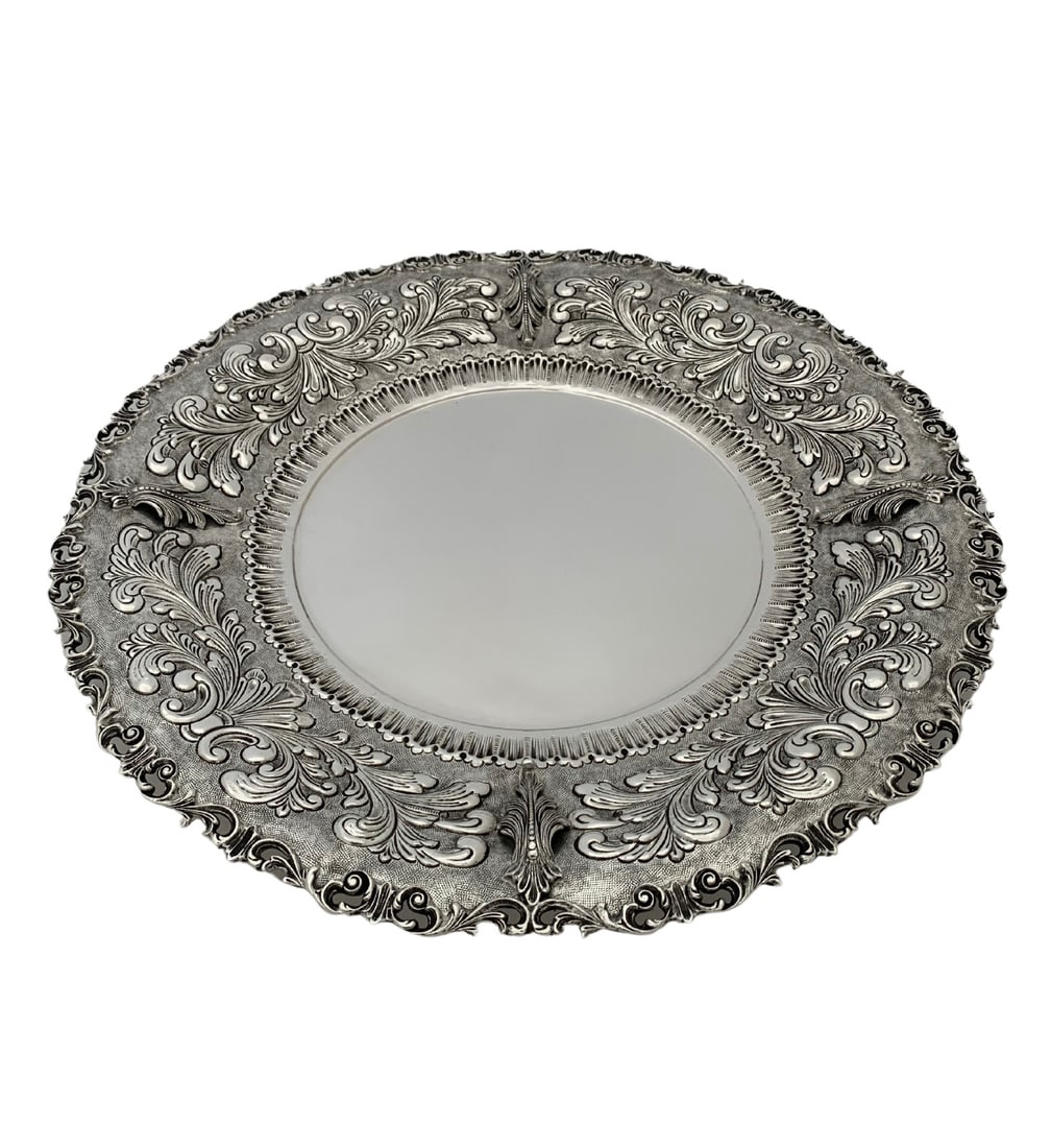 Large 925 Sterling Silver Handmade Swirl Leaf Applique Round Tray 17.50 Inches (1 of 3)
