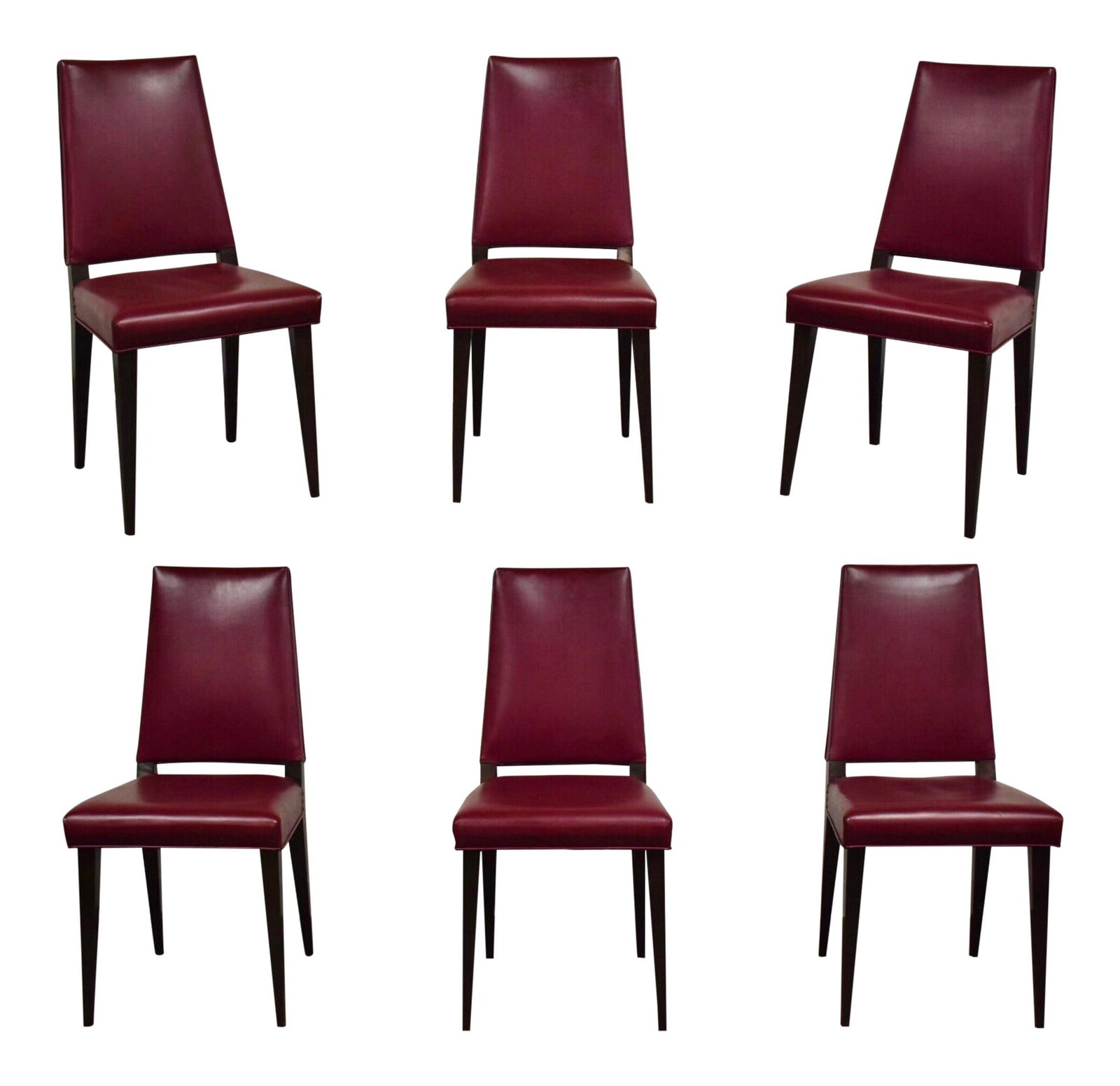 Mid Century Modern Dunbar Style Dining Chairs Set of 6 Purple Vinyl: Mid Century Modern Dunbar Style Dining Chairs Set of 6 Purple Vinyl This stunning set of six mid-century modern dining chairs features a chic purple vinyl upholstery paired with elegantly ebonized woo