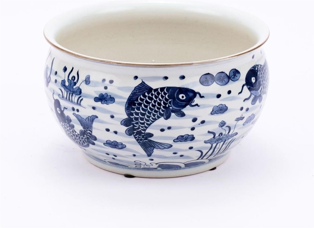 Handmade Blue Ceramic Orchid Bowl with Fish Motif (1 of 1)