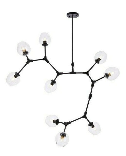 Cavoli 9-Light Modern Black Glass Pendant Chandelier for Dining or Foyer 79 Inch: Cavoli 9-Light Modern Black Glass Pendant Chandelier for Dining or Foyer 79 Inch This modern black pendant chandelier features a sleek design with a black iron frame and clear glass round shades. It i