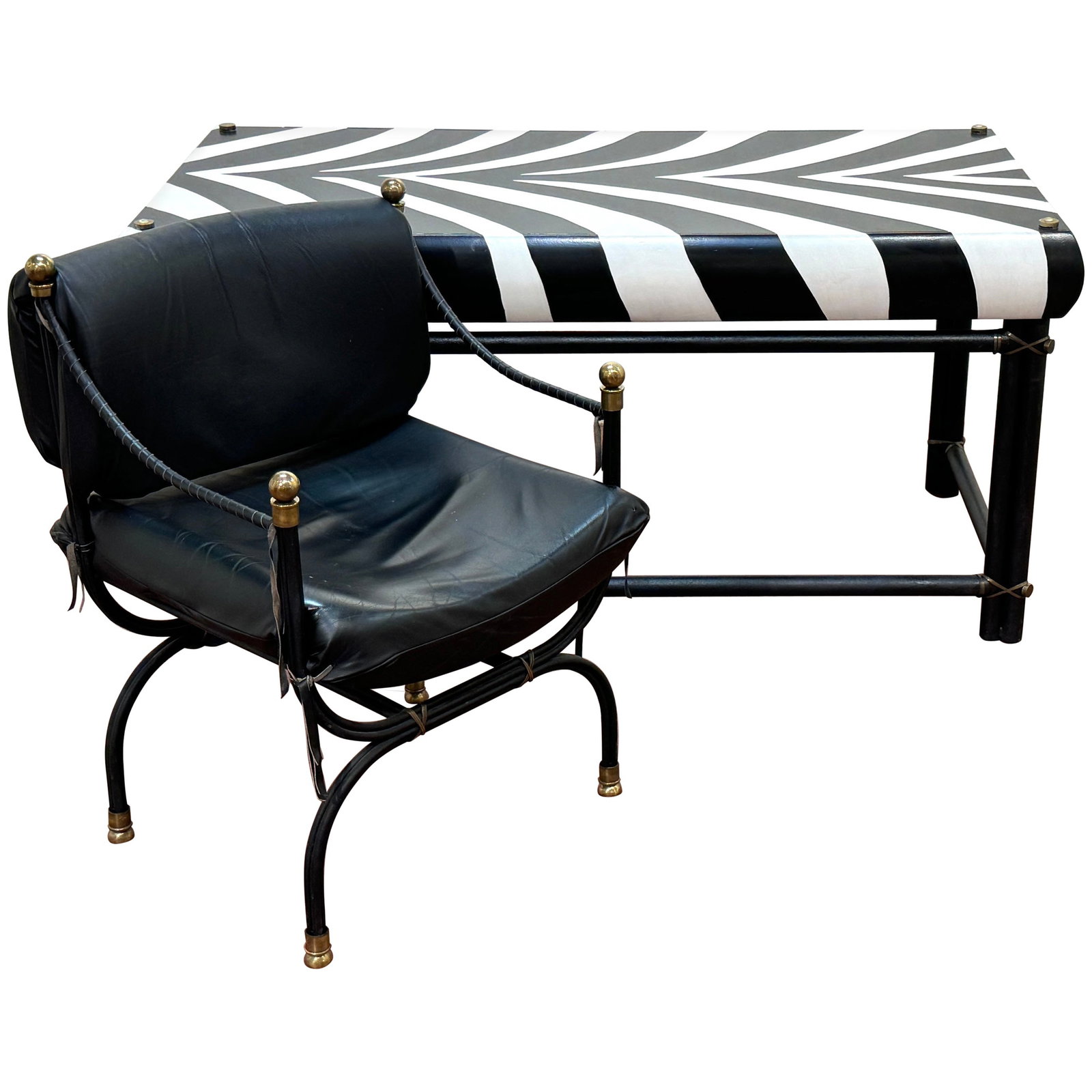 French Modern Zebra Executive Desk & Curule Chair Set 1950s: French Modern Zebra Executive Desk & Curule Chair Set 1950s Elevate your workspace with this stunning French Modern Zebra Lacquered Iron & Brass Executive Desk and Curule Arm Chair set. This exquisite