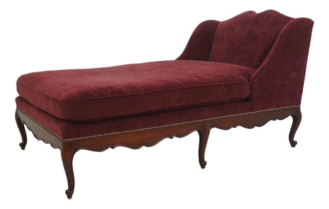 Mahogany French Style Chaise Lounge by John Widdicomb for Stickley: Mahogany French Style Chaise Lounge by John Widdicomb for Stickley This French Provincial chaise lounge from the John Widdicomb Collection by Stickley features a finely carved mahogany frame with Quee