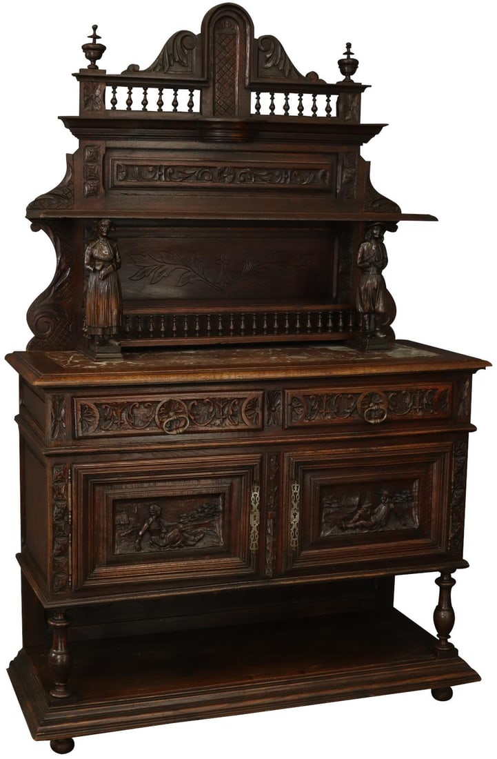 Antique 1880 French Brittany Sideboard Chestnut with Red Marble Top: Antique 1880 French Brittany Sideboard Chestnut with Red Marble Top This exquisite 1880 French sideboard showcases a stunning red marble top, adding an elegant touch to any home. Crafted in the Britta