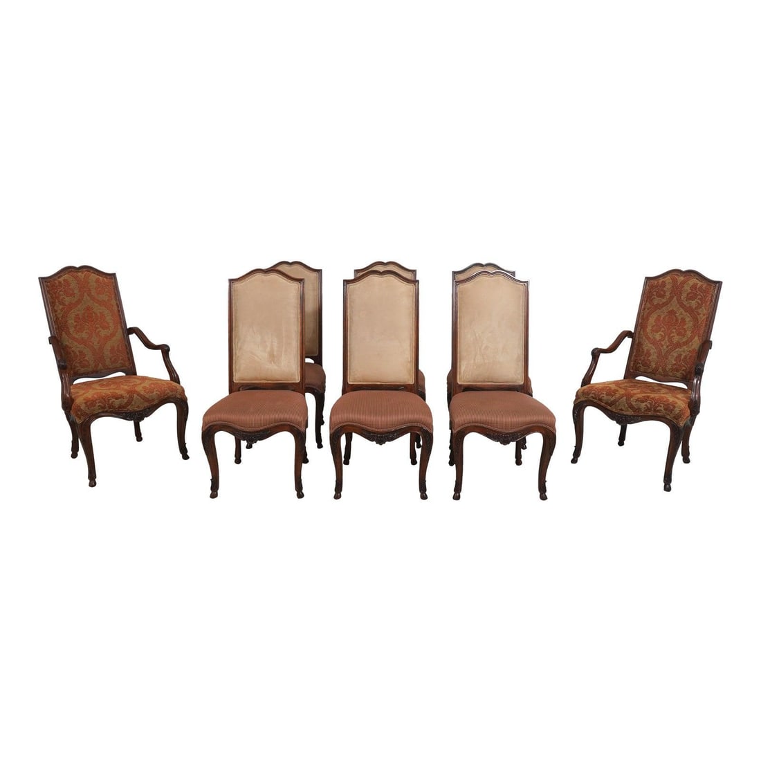Eight Walnut Dining Chairs in Louis XV French Style by Henredon Set of 8: Eight Walnut Dining Chairs in Louis XV French Style by Henredon Set of 8 This set of 8 Henredon dining chairs features a French Louis XV traditional style, crafted from walnut with fine carved details