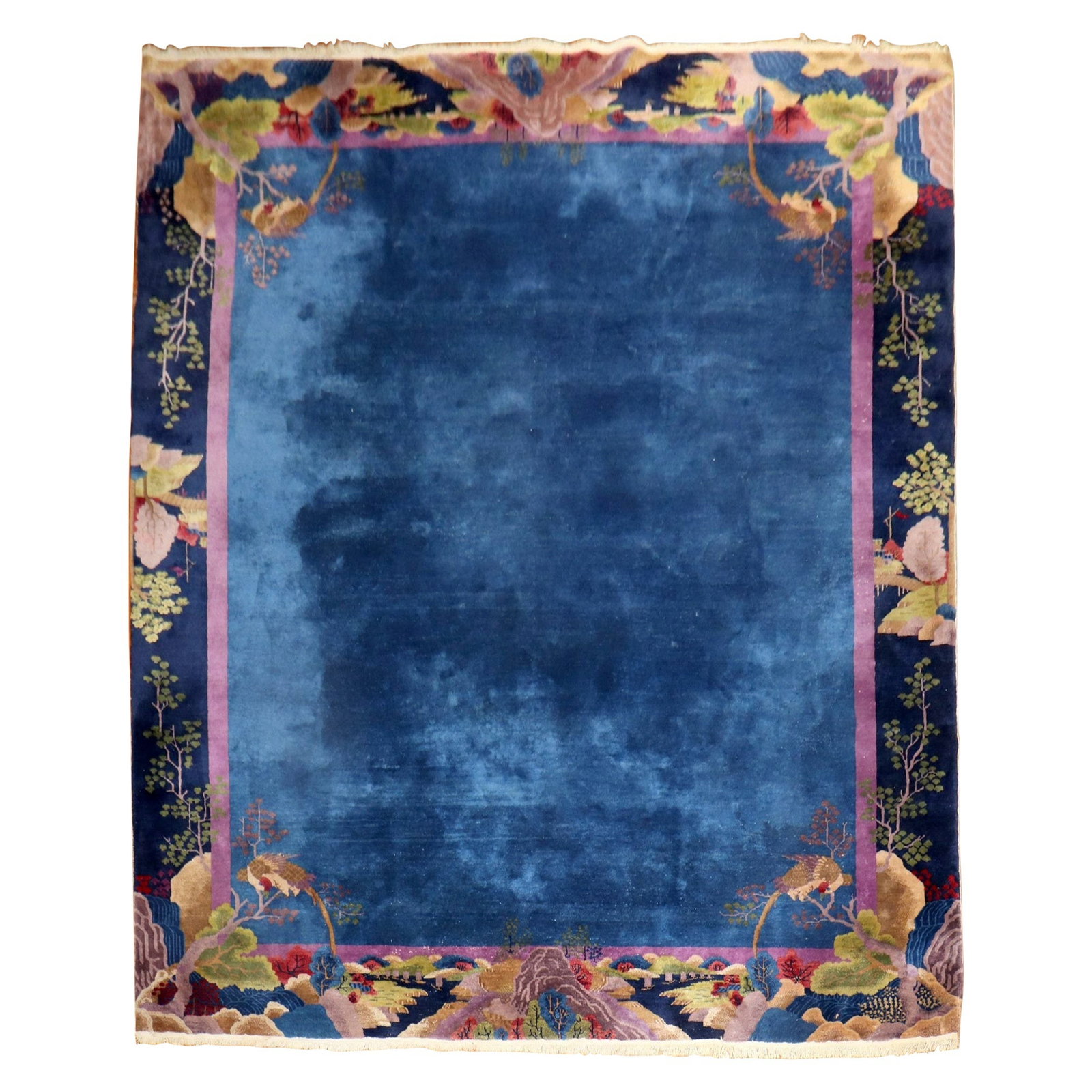 Exotic Blue Chinese Art Deco Hand-Woven Wool Rug 104 x 138 in: Exotic Blue Chinese Art Deco Hand-Woven Wool Rug 104 x 138 in This exquisite blue Chinese Art Deco rug from the 1930s features a stunning hand-woven design crafted from high-quality wool. Measuring 8'