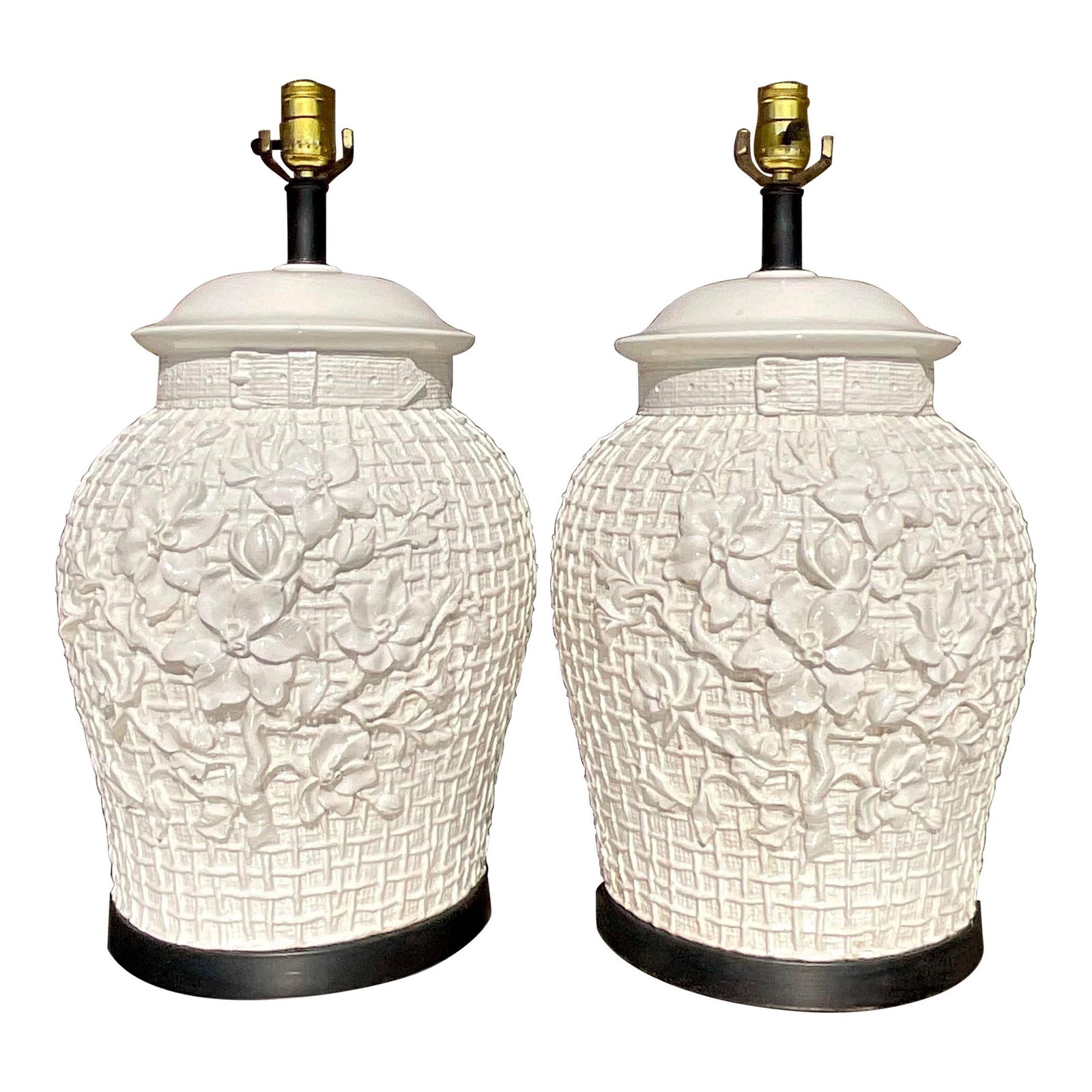 Pair of Vintage Regency Ceramic Floral Trellis Lamps (1 of 9)