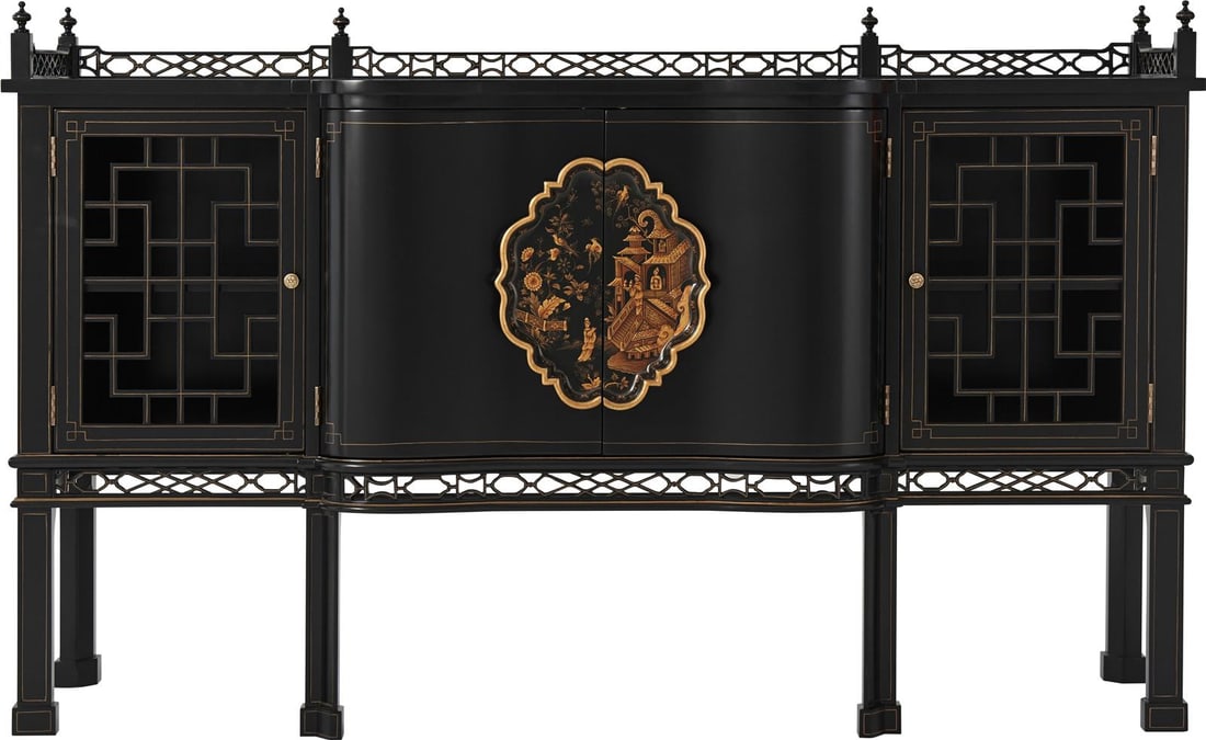 Theodore Alexander Medallion Collection Mahogany Sideboard: Theodore Alexander Medallion Collection Mahogany Sideboard This elegant sideboard combines the timeless beauty of mahogany with a stunning black lacquer finish, making it a perfect addition to any hom