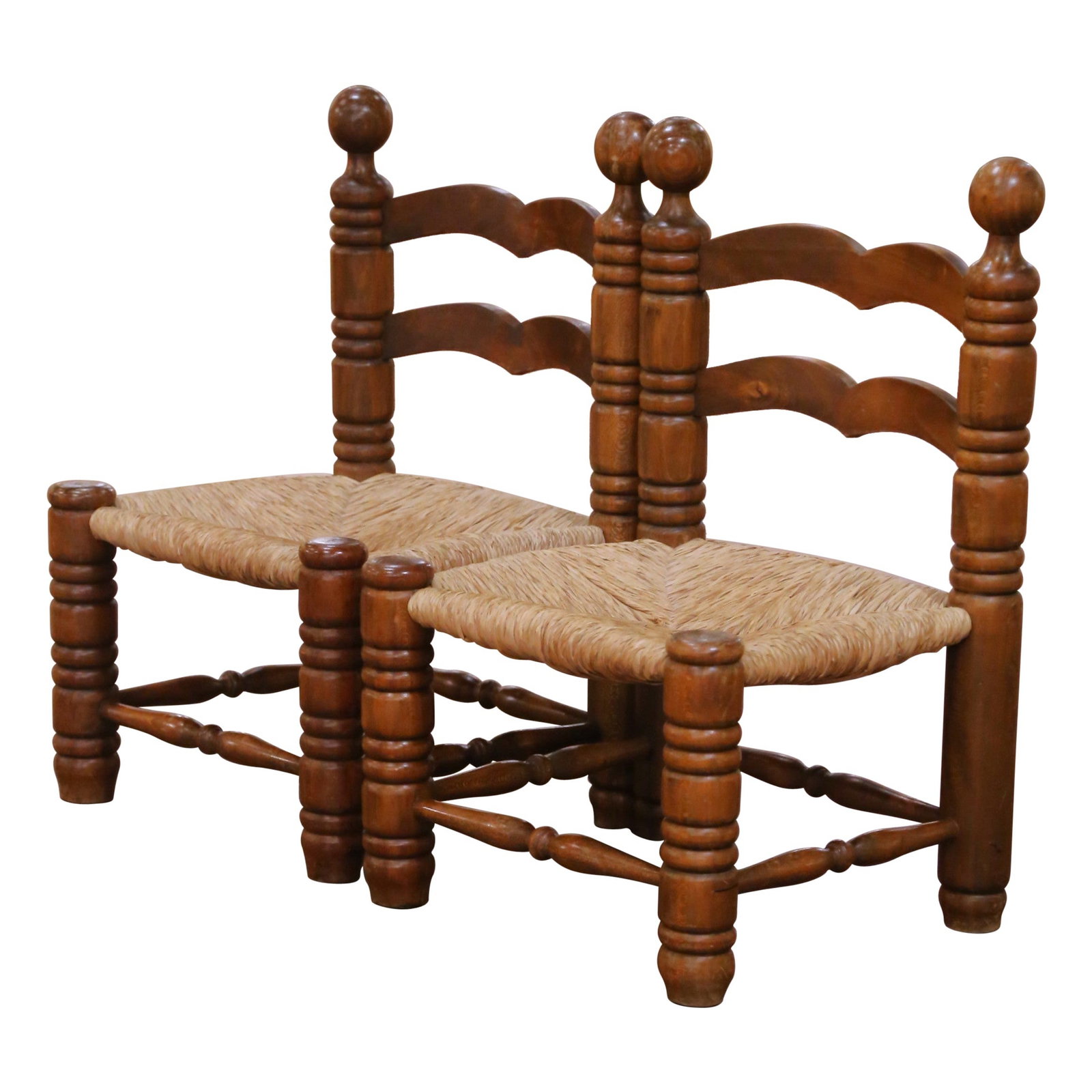 Set of 2 French Provincial Oak Low Ladder-Back Chairs with Rush Seats (1 of 10)