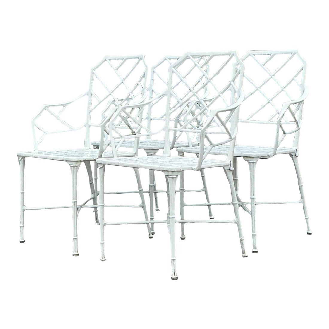 Set of 4 Calcutta White Cast Aluminum Coastal Dining Chairs Inspired by Brown Jordan: Set of 4 Calcutta White Cast Aluminum Coastal Dining Chairs Inspired by Brown Jordan This set of four Vintage Coastal 'Calcutta' cast aluminum dining chairs, inspired by Brown Jordan, features a durab