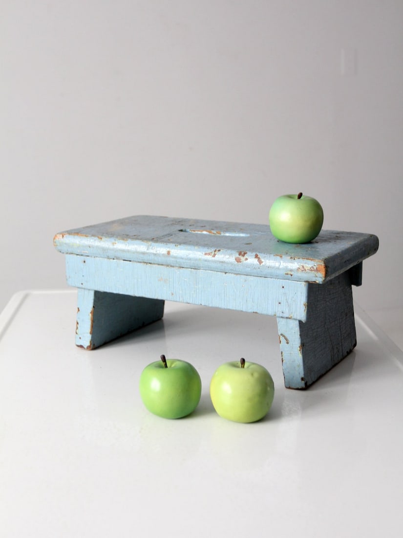 Antique Sky Blue Painted Wood Footstool with Handle (1 of 12)