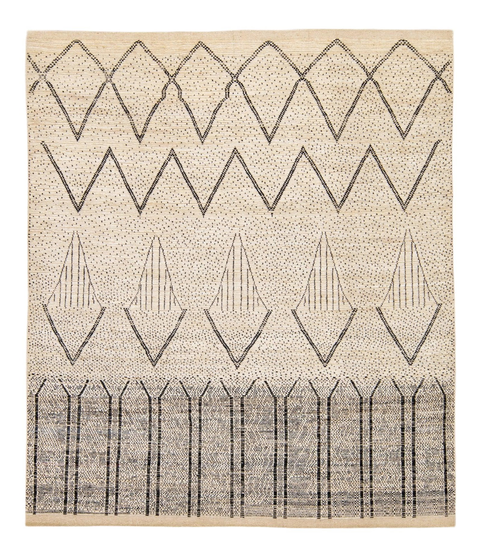 Handmade Geometric Pattern Beige Gray Wool Rug 8'8" x 11'9": Handmade Geometric Pattern Beige Gray Wool Rug 8'8" x 11'9" This stunning handmade wool rug showcases a beautiful Moroccan style, featuring a soft beige field adorned with eye-catching gray accents. T