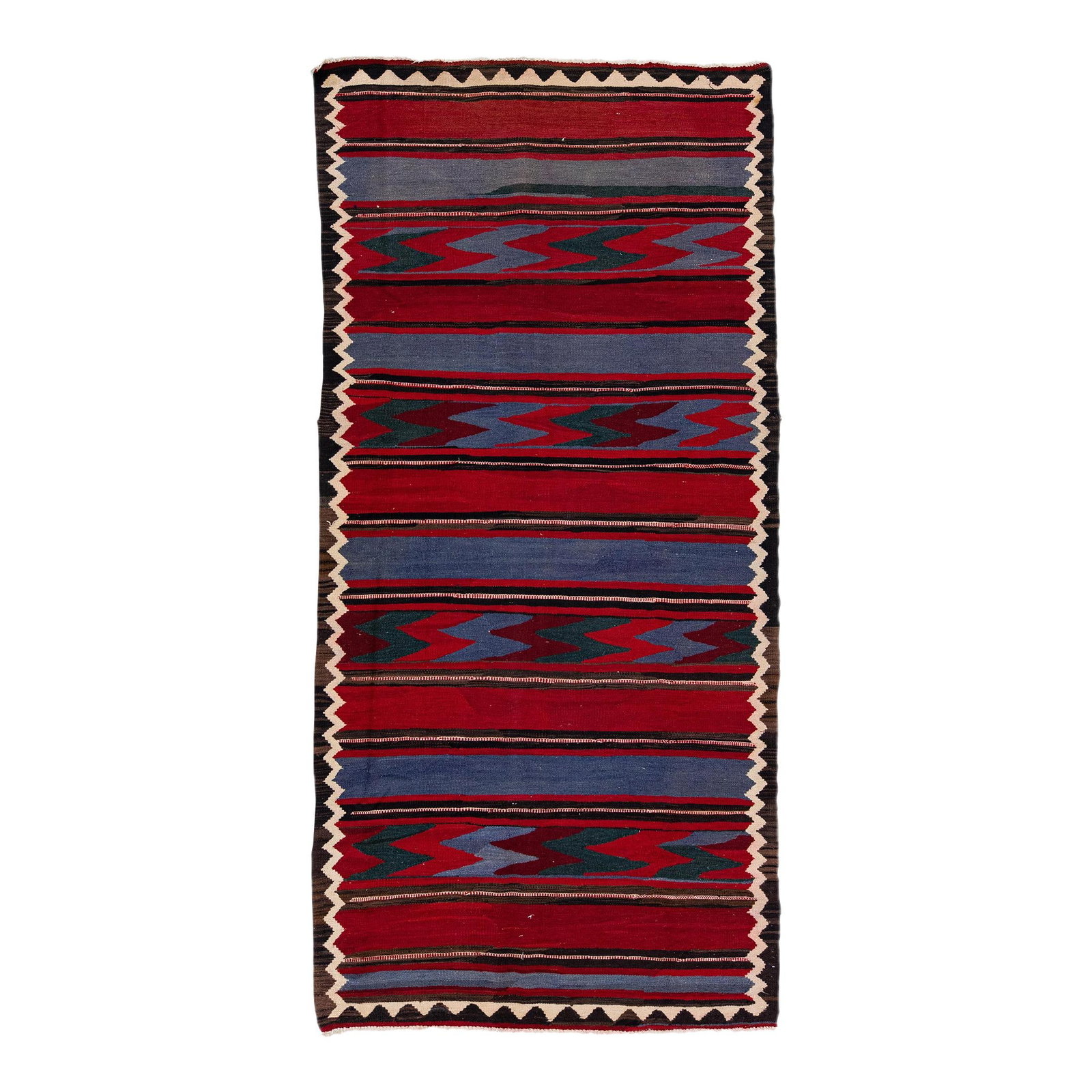 Handmade Vintage Turkish Kilim Wool Rug 5'2 x 10'11 Multicolor Tribal Design: Handmade Vintage Turkish Kilim Wool Rug 5'2 x 10'11 Multicolor Tribal Design This stunning vintage Turkish Kilim rug showcases exquisite hand-knotting, featuring a striking ruby red field complemented