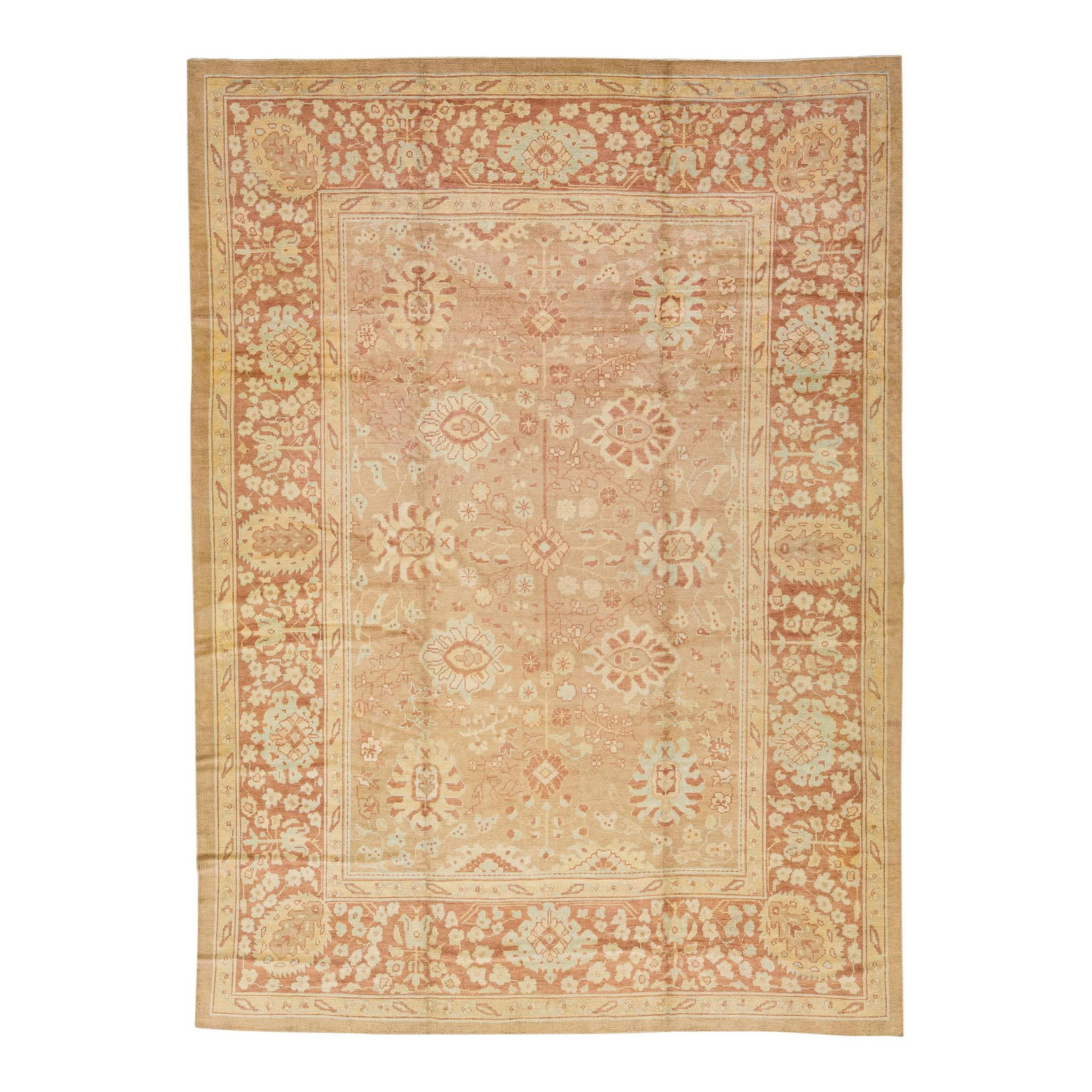 Tan Oushak Handmade Wool Rug with Floral Design 10'8 x 14'4 (1 of 8)