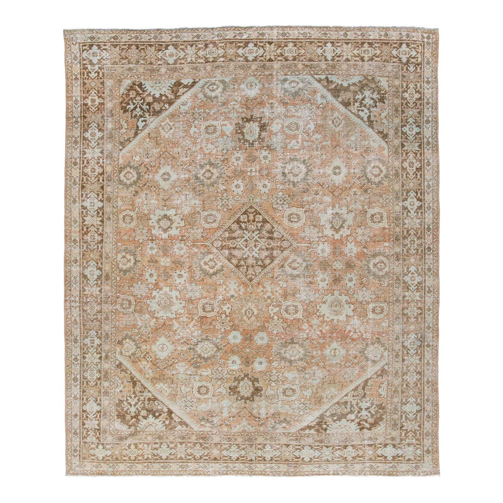 Antique Mahal 8'1 x 10' Handmade Wool Medallion Rug Orange Rust: Antique Mahal 8'1 x 10' Handmade Wool Medallion Rug Orange Rust This exquisite Antique Mahal handmade wool rug features a stunning orange rust field complemented by a traditional all-over floral shabb
