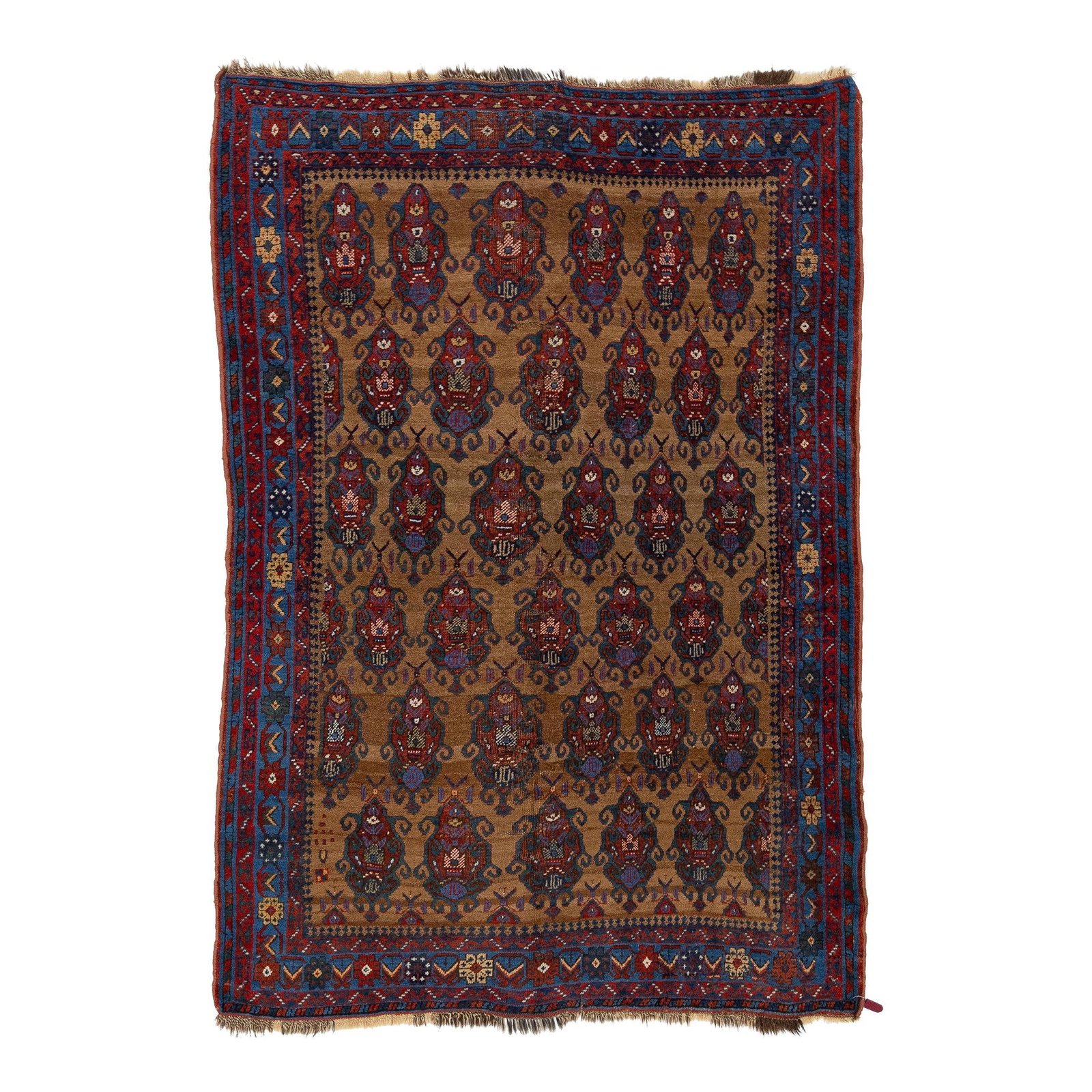 20th Century Handmade Persian Malayer Wool Rug Brown with Blue Red Accents: 20th Century Handmade Persian Malayer Wool Rug Brown with Blue Red Accents This exquisite handmade Persian Malayer rug from the 20th century showcases a rich brown field adorned with intricate blue an