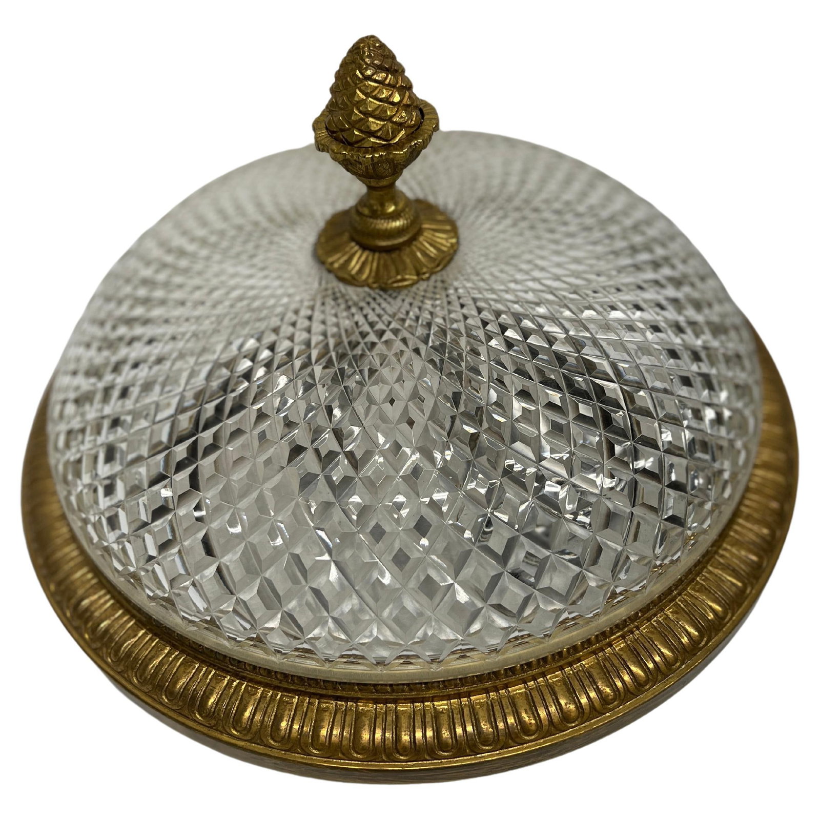 Antique French Gilt Bronze Cut Crystal Flush Mount Chandelier Regency Style: Antique French Gilt Bronze Cut Crystal Flush Mount Chandelier Regency Style Illuminate your space with this exquisite Antique French Gilt Bronze and Cut Crystal Flush Mount Chandelier, showcasing a st