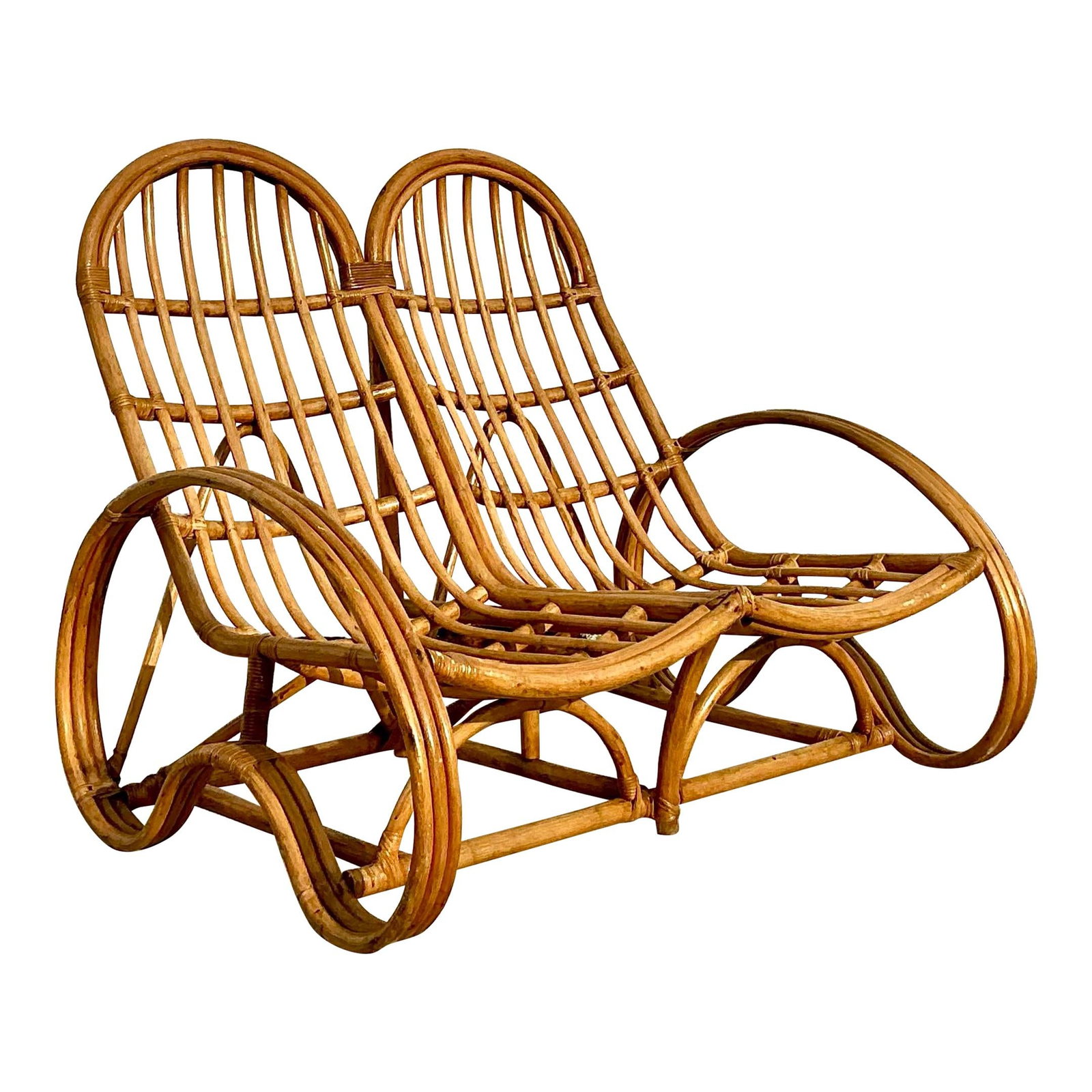 Vintage Coastal Rattan Double Lounge Chair for Indoor Outdoor Use: Vintage Coastal Rattan Double Lounge Chair for Indoor Outdoor Use Experience relaxed elegance with this stunning vintage rattan double lounge chair. Featuring a gracefully curved frame and natural rat