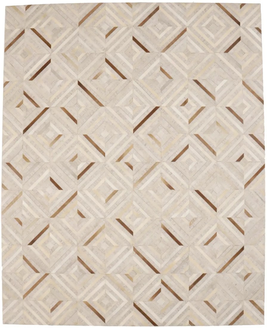 10'0 x 8'0 Handcrafted Modern Leather Patchwork Area Rug: 10'0 x 8'0 Handcrafted Modern Leather Patchwork Area Rug This large modern patchwork rug is hand-crafted from genuine cowhide leather, featuring a geometric pattern in tones of tan, cream, golden beig