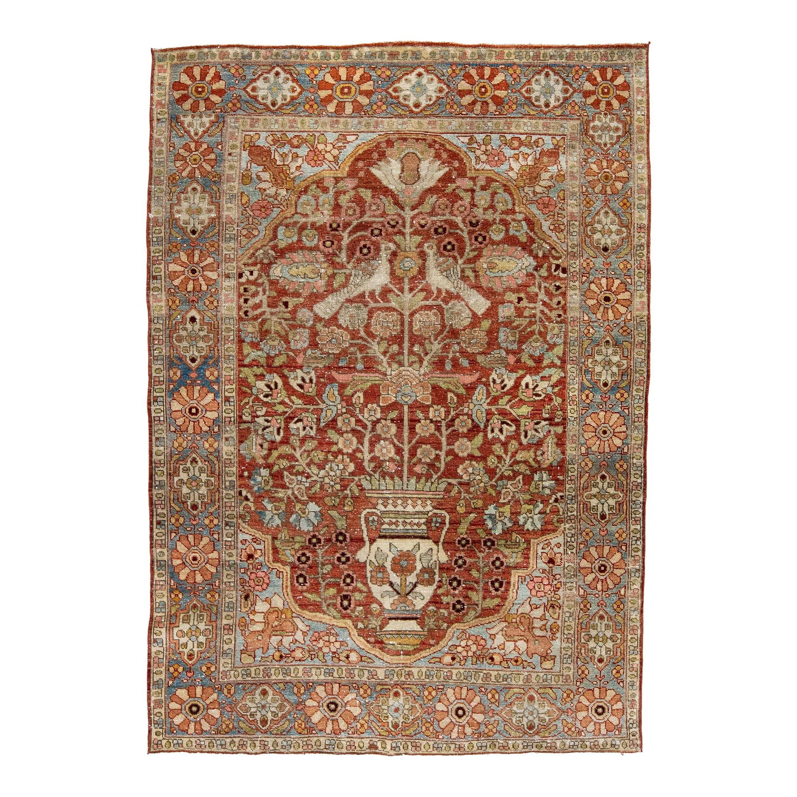 Antique Bakhtiari Persian Hand-Knotted Wool Medallion Rug 4'8 x 6'8: Antique Bakhtiari Persian Hand-Knotted Wool Medallion Rug 4'8 x 6'8 Discover the charm of this beautiful antique Bakhtiari hand-knotted wool rug, featuring a striking red field and a blue frame adorne