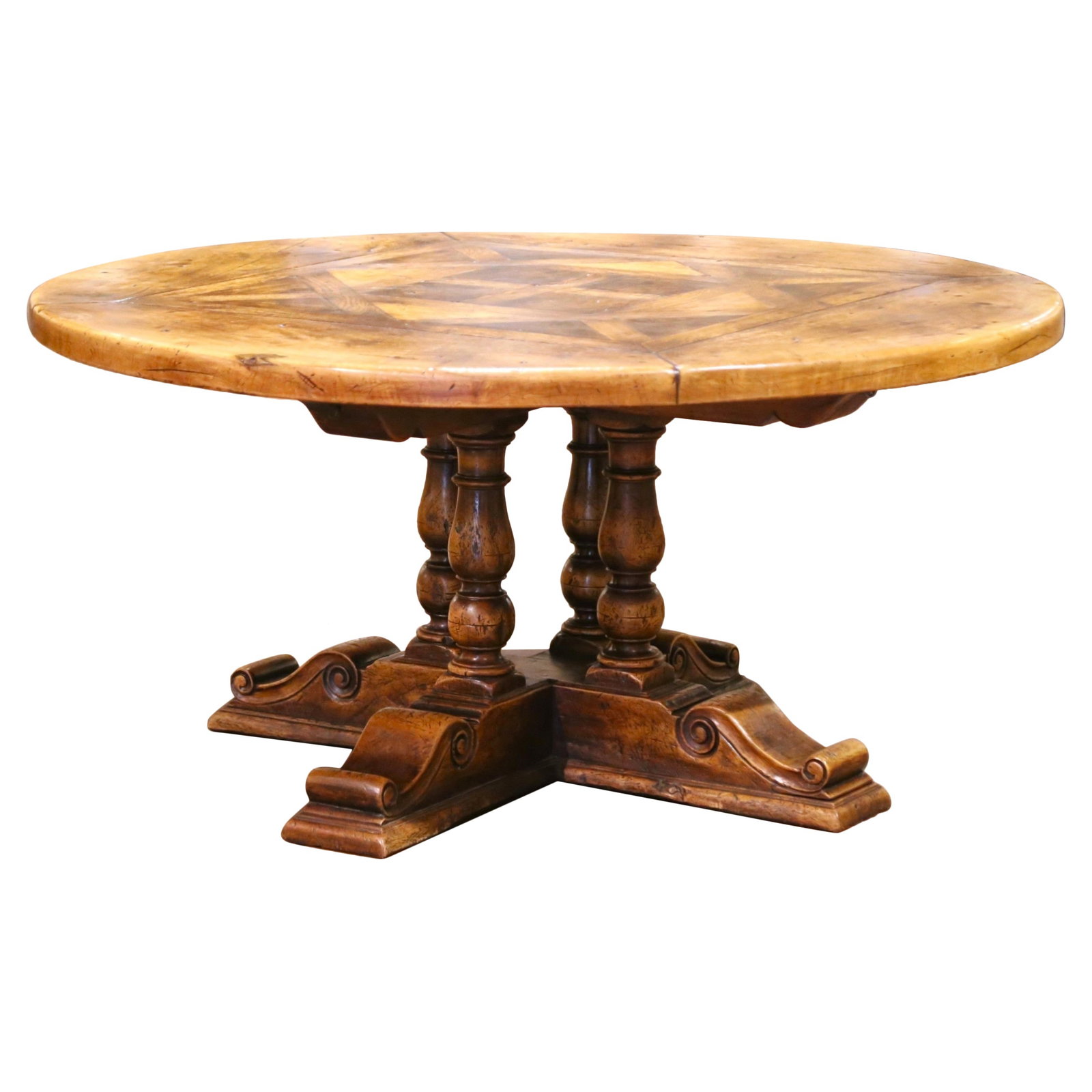Round French Dining Table with Inlaid Walnut Oak and Chestnut Louis XIII Style: Round French Dining Table with Inlaid Walnut Oak and Chestnut Louis XIII Style This round French Louis XIII style dining table is crafted in the French Pyrenees from 18th-century walnut and mixed hard