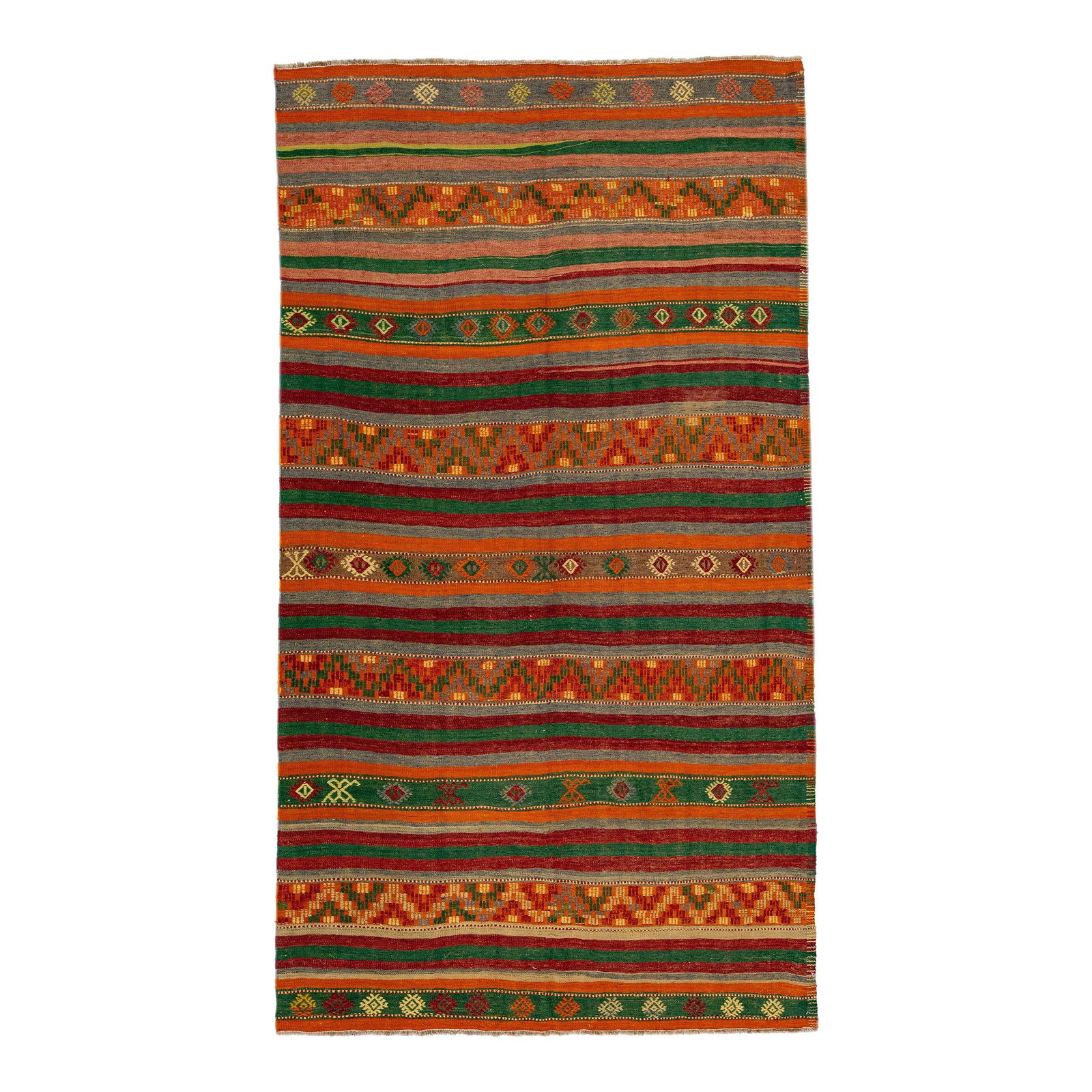 Vintage 1960s Handmade Wool Kilim Rug Orange Geometric Design: Vintage 1960s Handmade Wool Kilim Rug Orange Geometric Design This stunning vintage Kilim rug features a vibrant orange field, hand-knotted from high-quality wool. Its design showcases an array of mul
