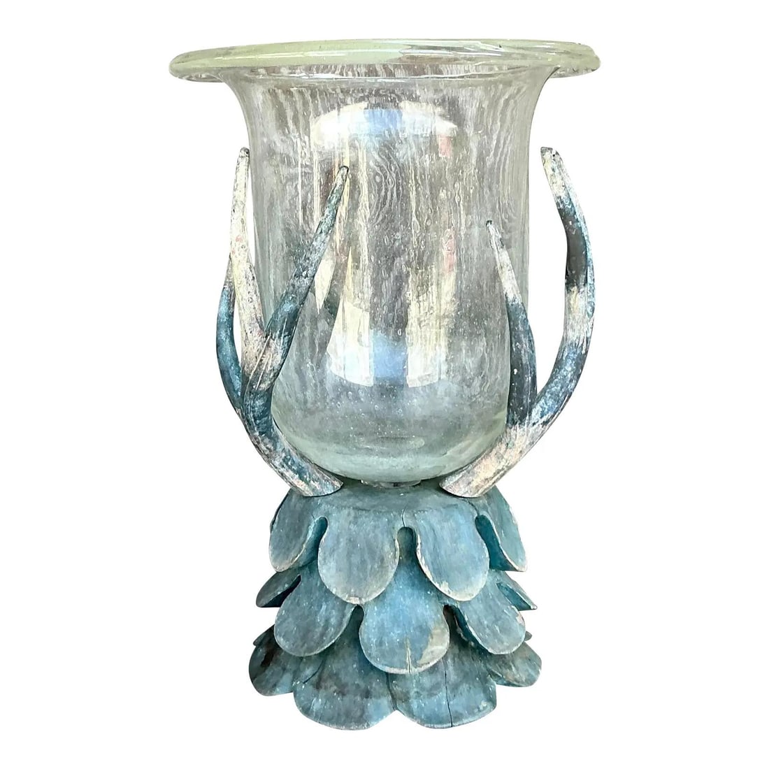 Vintage Boho Antler Hurricane Vase with Scalloped Wood Base (1 of 9)