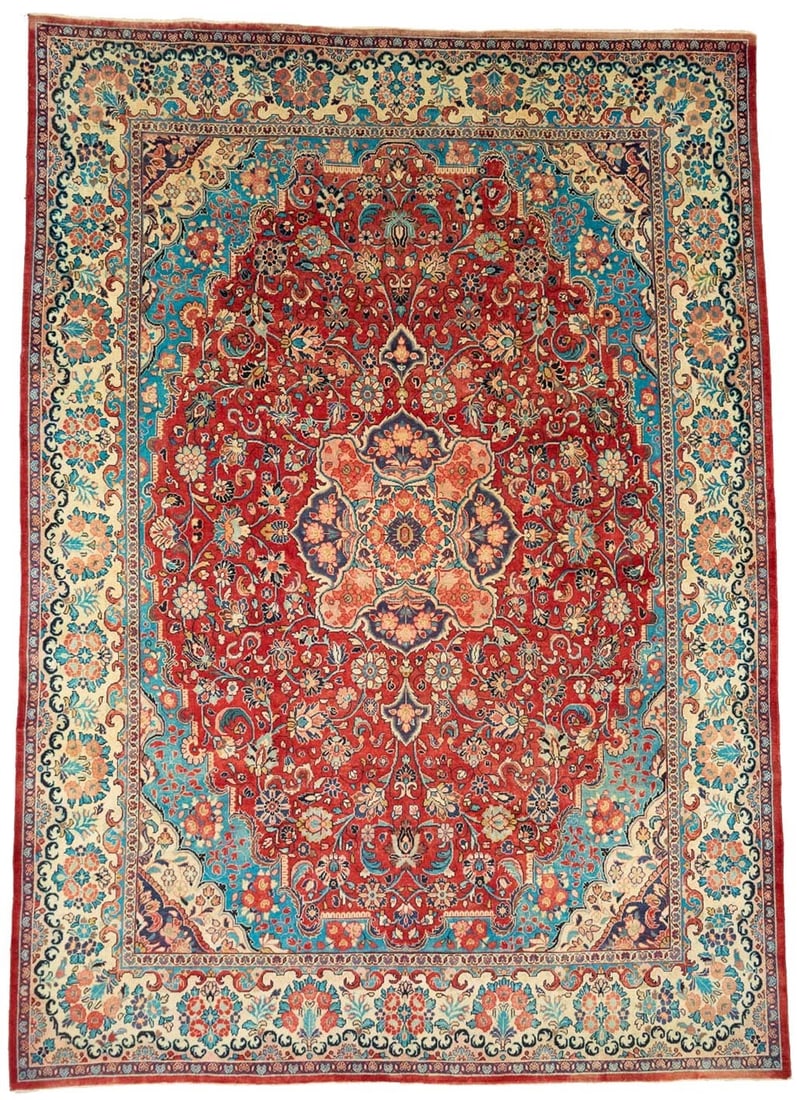 Hand-Knotted Wool Area Rug 10'4 x 14'4 Vintage Floral Pattern: Hand-Knotted Wool Area Rug 10'4 x 14'4 Vintage Floral Pattern This vintage handmade oriental rug features a classic floral design in a striking combination of red, cream, light blue, purple-navy, gold