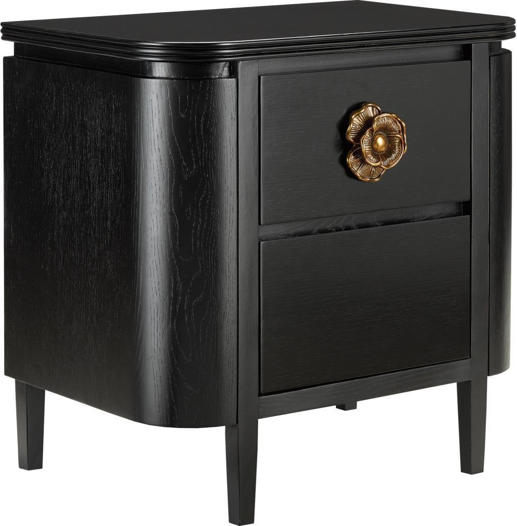 Briallen Nightstand in Caviar Black with Brass Detail and Velvet Liner: Briallen Nightstand in Caviar Black with Brass Detail and Velvet Liner This sophisticated nightstand features a Caviar Black finish complemented by antique brass accents. Crafted in a vintage-inspired