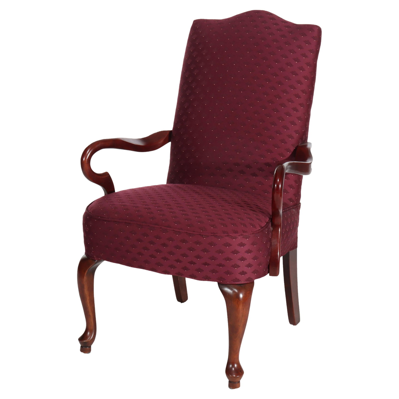 20th Century Queen Anne Upholstered Gentlemen's Armchair: 20th Century Queen Anne Upholstered Gentlemen's Armchair This 20th-century Queen Anne style upholstered gentlemen's armchair showcases a timeless design characterized by its high, shaped back and eleg