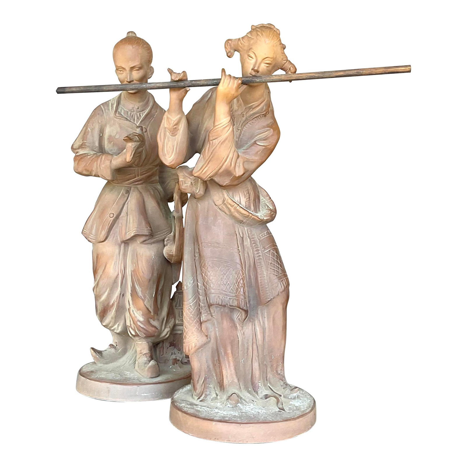 Vintage Terra Cotta Couple Sculptures Set of 2 Asian American Fusion (1 of 4)