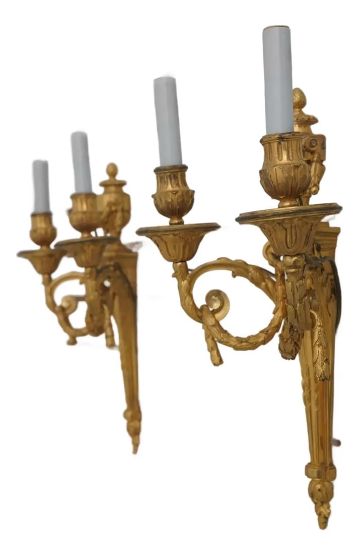 Pair of French Bronze Two-Light Louis XVI Style Wall Sconces (1 of 9)