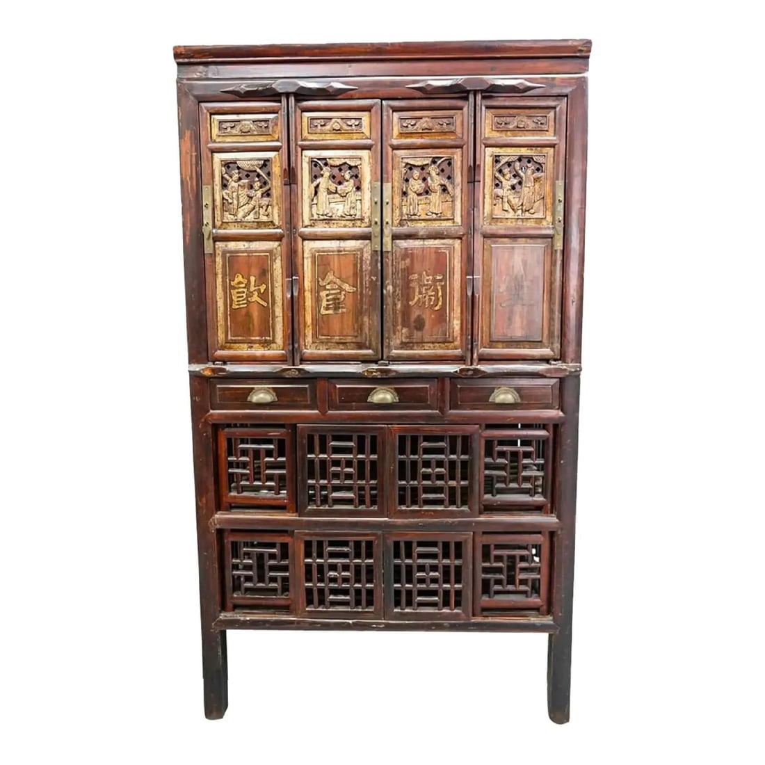 Early 20th Century Antique Chinese Lacquered Cabinet with Carved Gilt Cartouches (1 of 10)