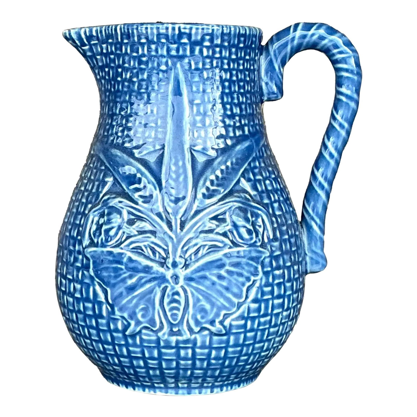 Vintage Bordallo Pinheiro Blue Ceramic Pitcher with Butterfly Motif (1 of 8)