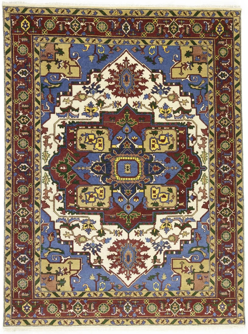 Hand-knotted Wool Geometric Rug 8'11 x 11'10 Modern Heriz Serapi Style: Hand-knotted Wool Geometric Rug 8'11 x 11'10 Modern Heriz Serapi Style This handmade Heriz Serapi oriental rug features a rare blue geometric design with farmhouse appeal. Expertly hand-knotted in Ind