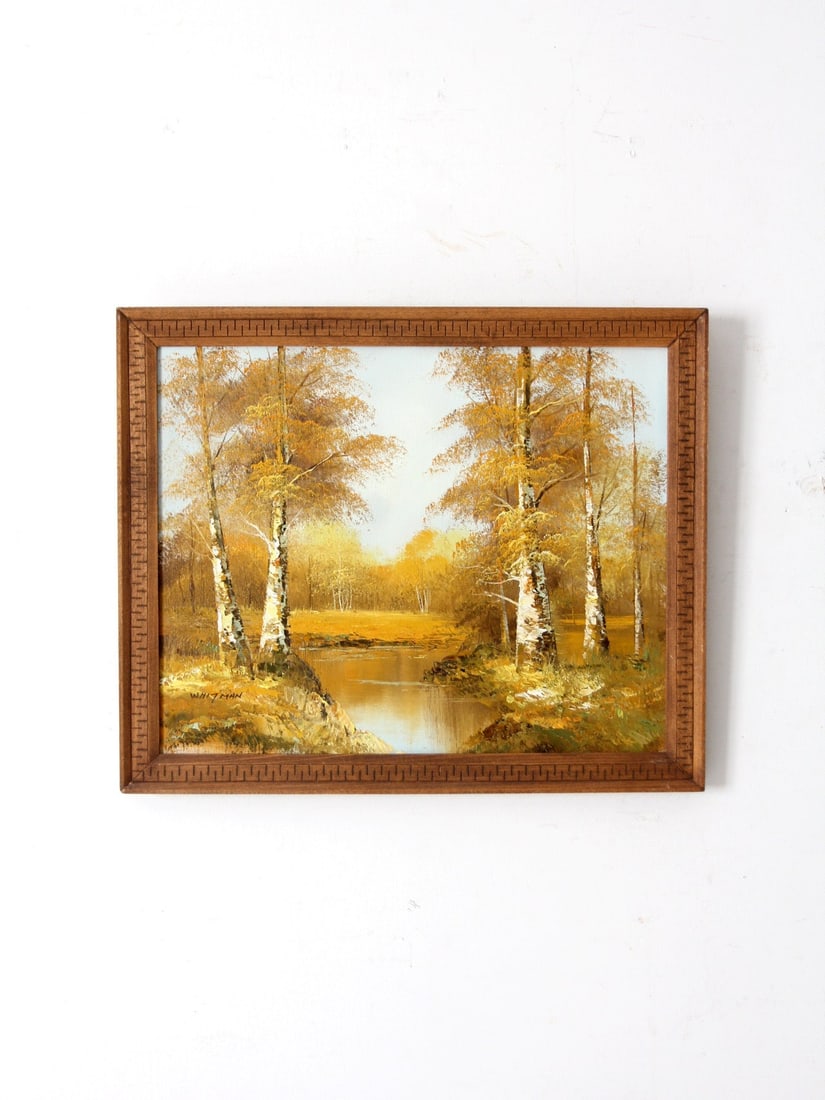 George Whitman Original Oil Painting Birch Trees in Wood Frame: George Whitman Original Oil Painting Birch Trees in Wood Frame Experience the serene beauty of autumn with this original oil painting by George Whitman. This captivating artwork features birch trees s