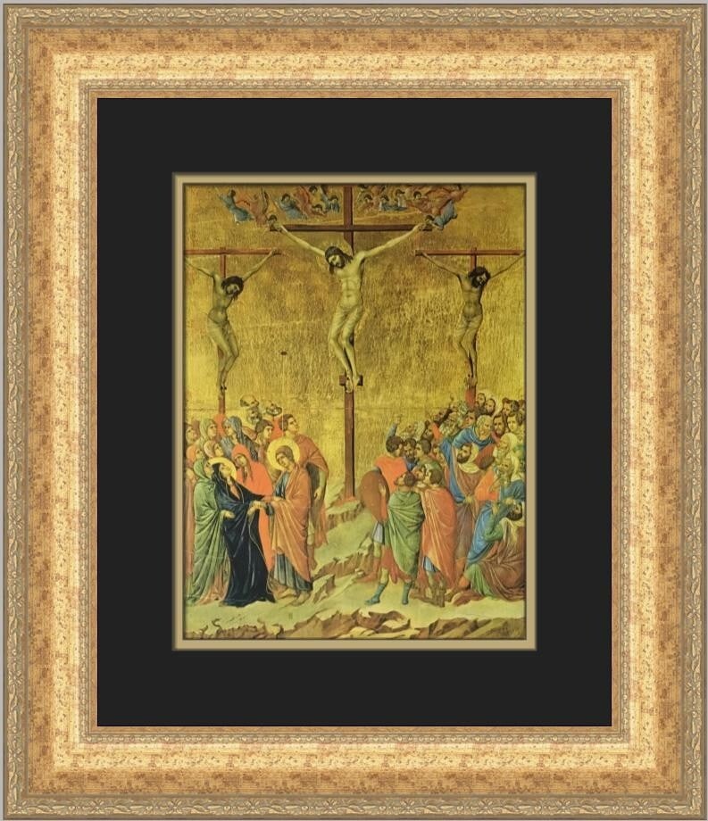Duccio Crucifixion Custom Framed Print 1978 Expressionism Art: Duccio Crucifixion Custom Framed Print 1978 Expressionism Art This custom framed print titled 'Crucifixion' by artist Duccio showcases a beautiful blend of Expressionism, Impressionism, and Realism st