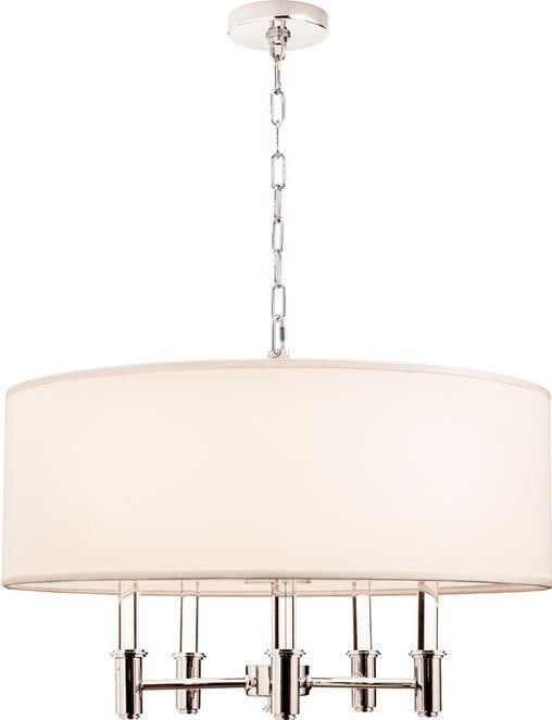 Kalco Dupont Chrome Pendant Light with Silk Shades 5 Bulbs: Kalco Dupont Chrome Pendant Light with Silk Shades 5 Bulbs Illuminate your space with this stunning Modern Chrome Pendant featuring elegant silk shades. Designed in a contemporary round shape, this pe