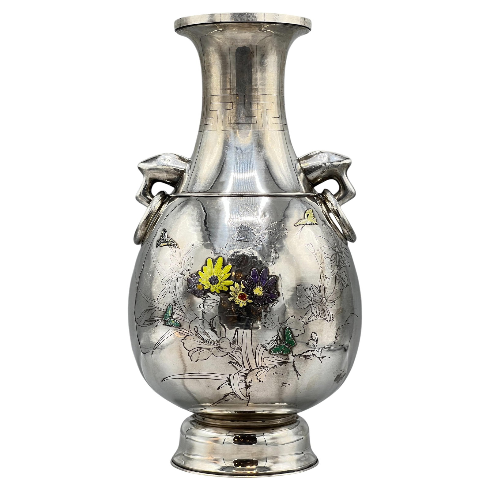 Korean Pure Silver Vase with Enamel Floral Motif and Elephant Handles (1 of 10)