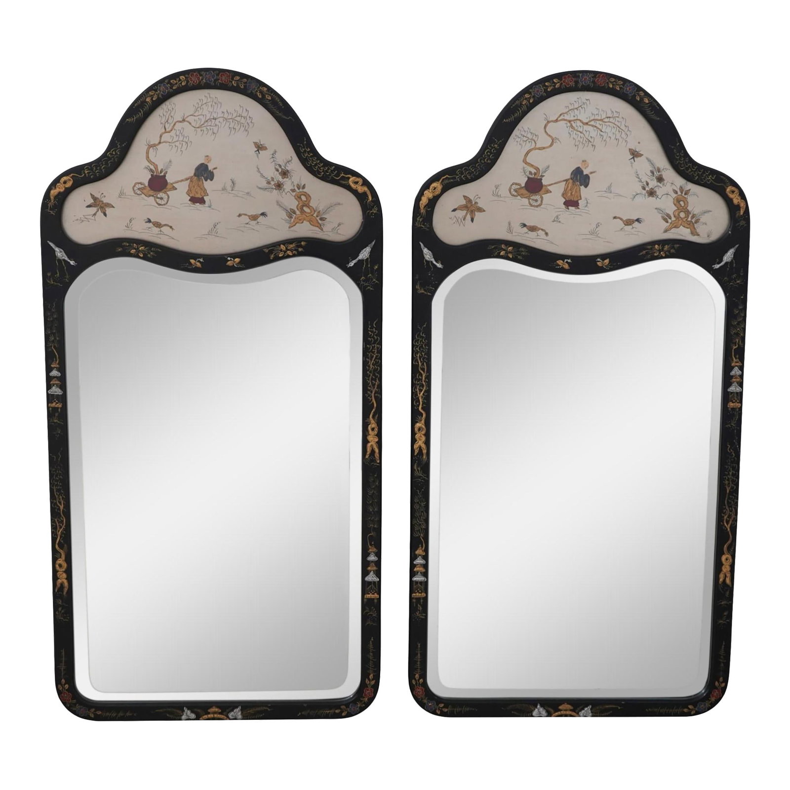 Friedman Brothers Chinoiserie Designer Mirrors Pair Beveled Glass Silver Ebonized Frame (1 of 8)