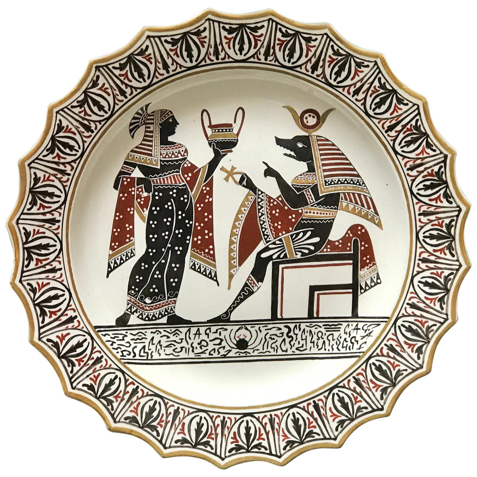 19th Century Giustiniani Egyptomania Plate Anubis Gilt Accents: 19th Century Giustiniani Egyptomania Plate Anubis Gilt Accents Discover the exquisite Giustiniani Egyptomania pottery plate featuring the iconic deity Anubis, beautifully enhanced with gilt