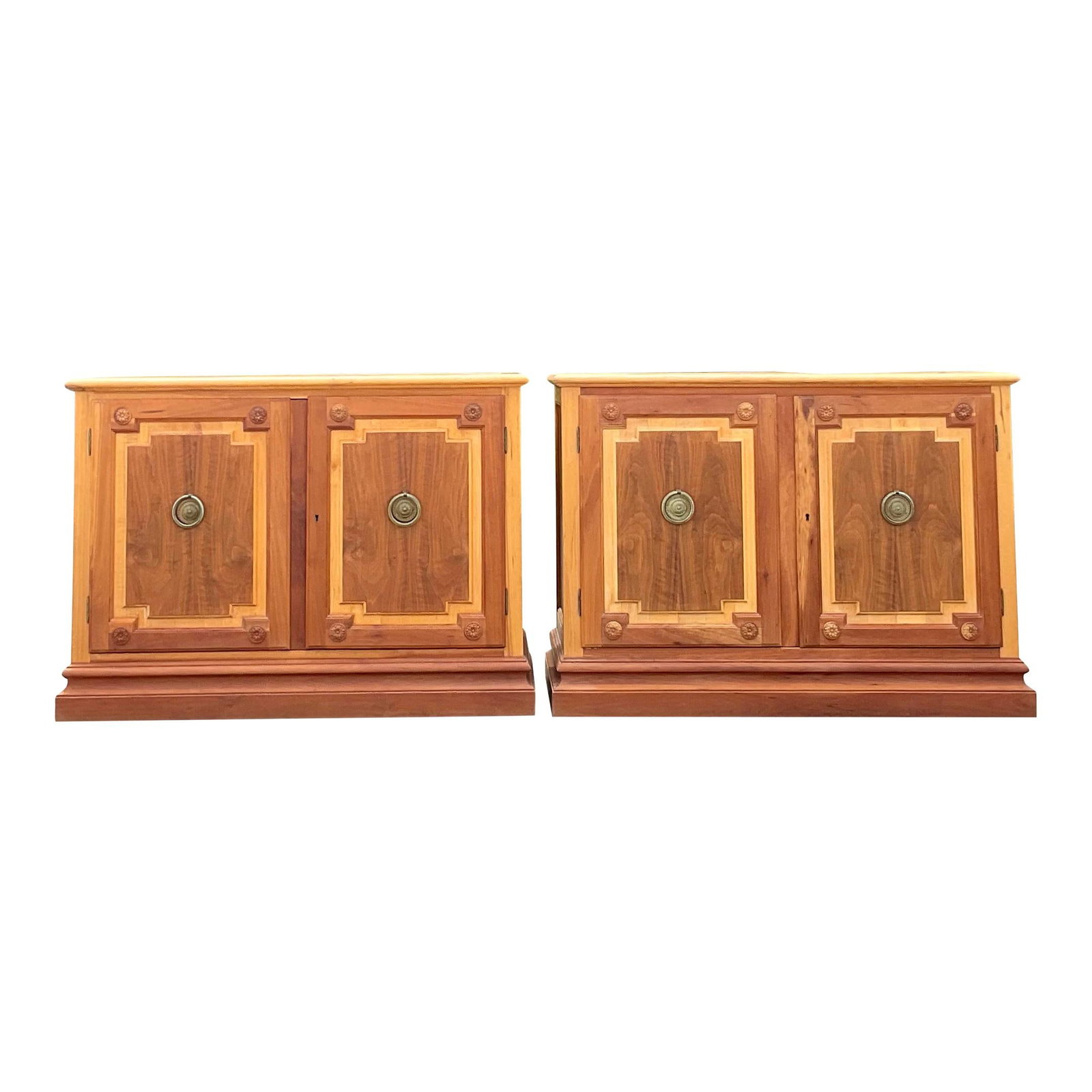 Pair of Vintage Baker Notched Wood Sideboards USA Crafted Chocolate Finish: Pair of Vintage Baker Notched Wood Sideboards USA Crafted Chocolate Finish Elevate your living space with this exquisite pair of Vintage Baker Notched Wood Sideboards. Crafted in the USA, these sidebo
