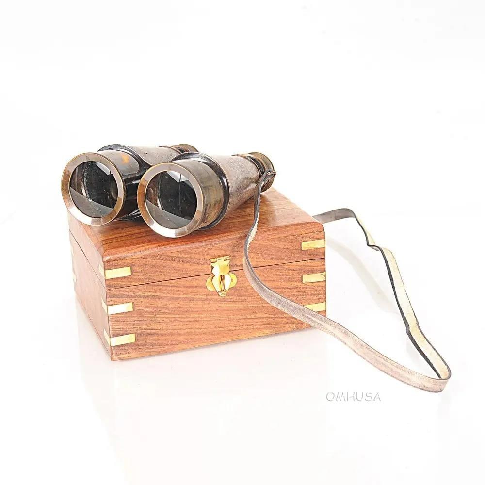 Antique Style Leather Overlay Binoculars with Wood Box (1 of 17)