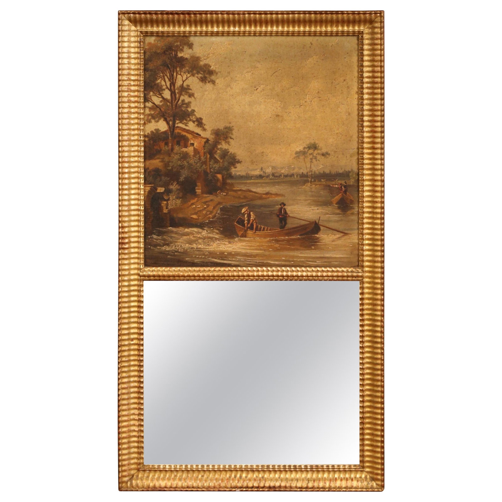 19th Century French Louis Philippe Giltwood Trumeau Mirror Hand-Painted Pastoral Scene (1 of 6)