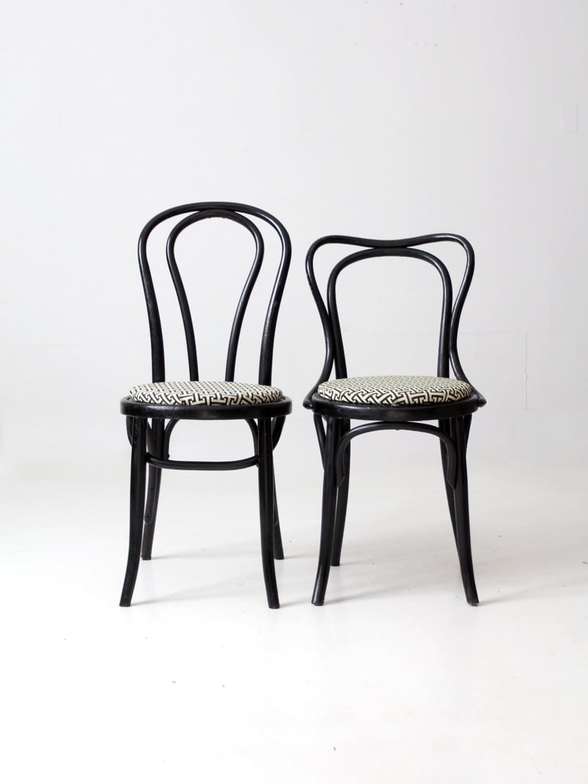 Vintage Black Painted Bentwood Bistro Chairs Pair with Upholstered Seats (1 of 11)