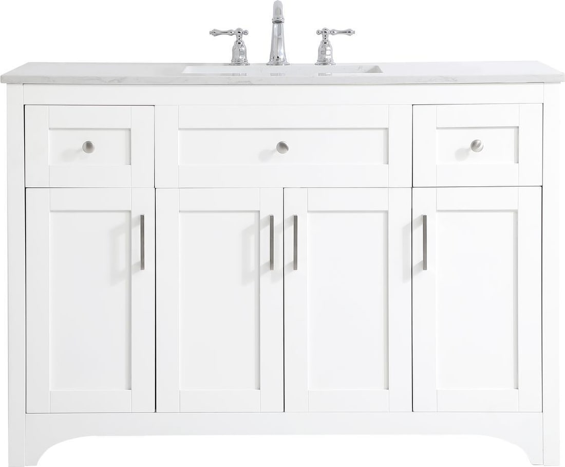 Elegant Lighting Brushed Nickel White Bathroom Vanity 34H 48W 22D: Elegant Lighting Brushed Nickel White Bathroom Vanity 34H 48W 22D Elevate your bathroom with this stylish brushed nickel and white vanity. Designed in a transitional style, this bathroom vanity combin