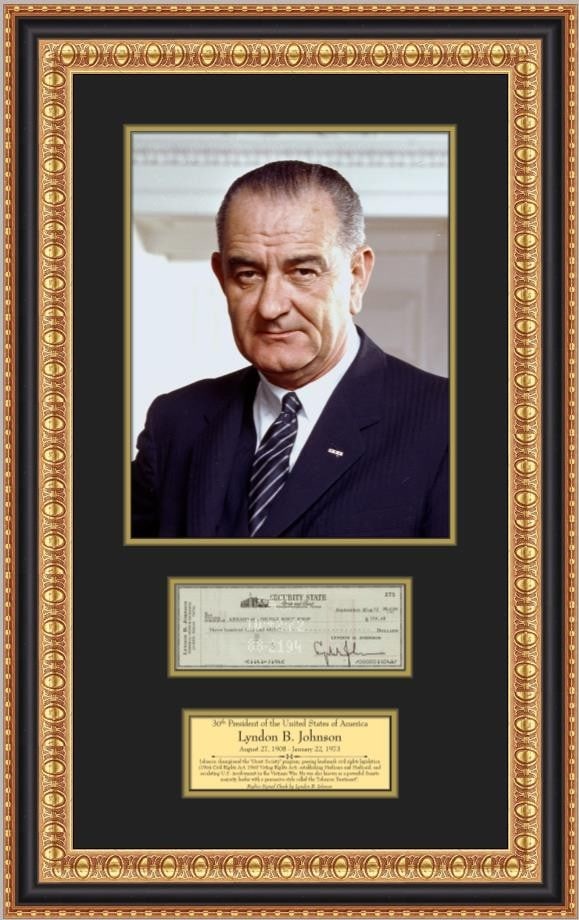 Lyndon B Johnson Display With Facsimile Signed Check and Framed Portrait (1 of 4)