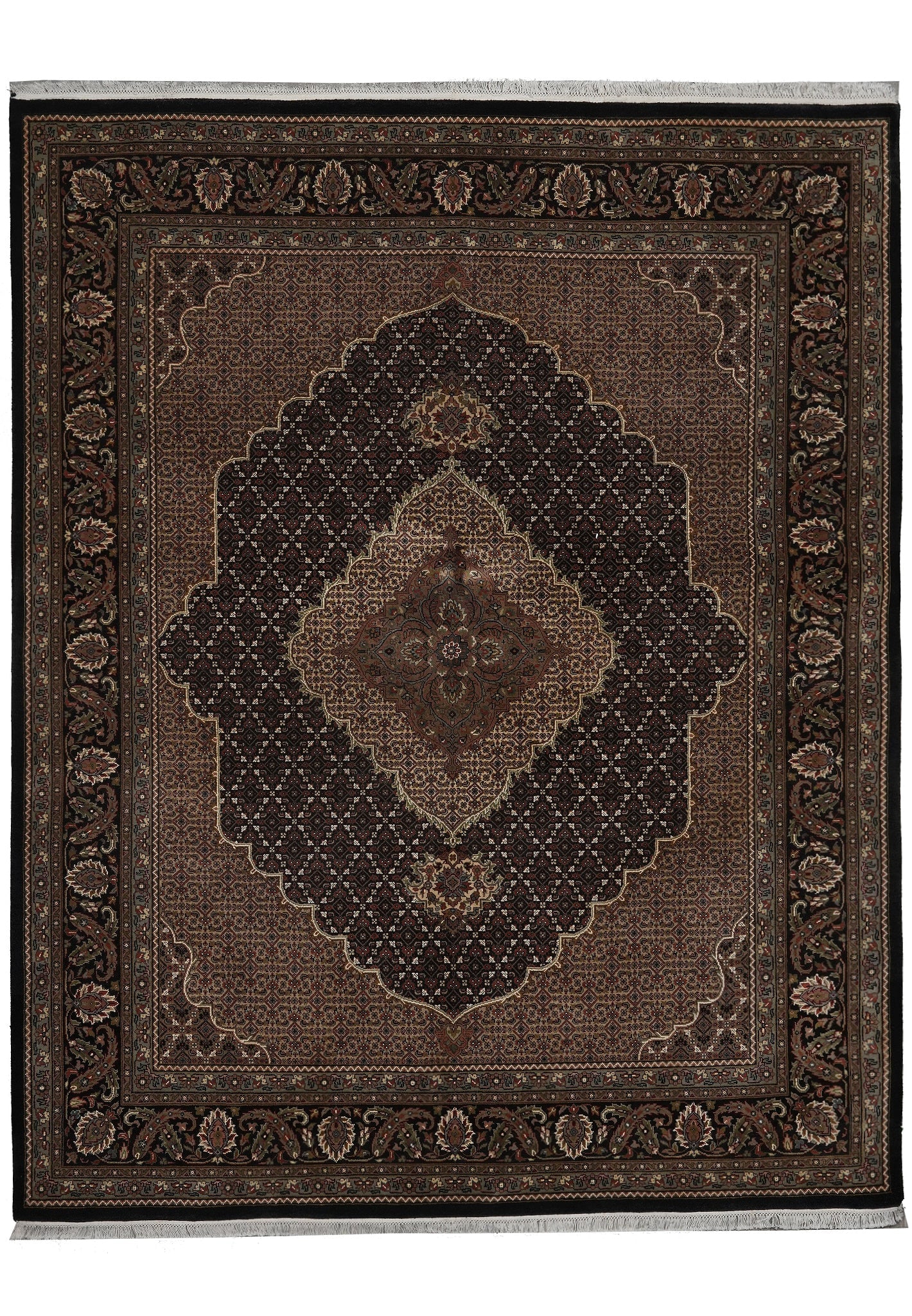 6.6 x 8 Hand-Knotted Mahi Tabriz Rug Wool Silk Black Floral Design: 6.6 x 8 Hand-Knotted Mahi Tabriz Rug Wool Silk Black Floral Design Free continental US Shipping Elevate your interior with this exquisite hand-knotted Mahi Tabriz rug, crafted from a luxurious blend o