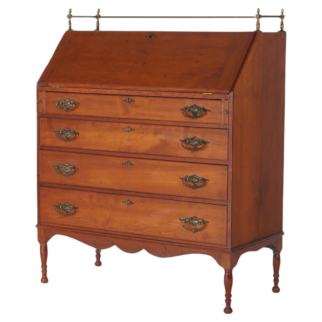 Sheraton Style Cherry Drop Front Desk with Brass Gallery c1820: Sheraton Style Cherry Drop Front Desk with Brass Gallery c1820 This exquisite Sheraton-style cherry drop front desk, dating back to circa 1820, beautifully exemplifies the elegance and simplicity char